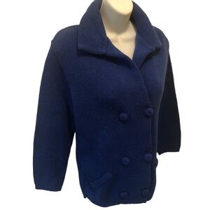 VTG Rosanna Shetland Wool Knit Double Breasted Cardigan Sweater Sz S Blue Cozy